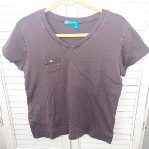 Vintage Fresh Produce Womens Brown Slub Cotton Short Sleeve Pocket V-neck Y2K L